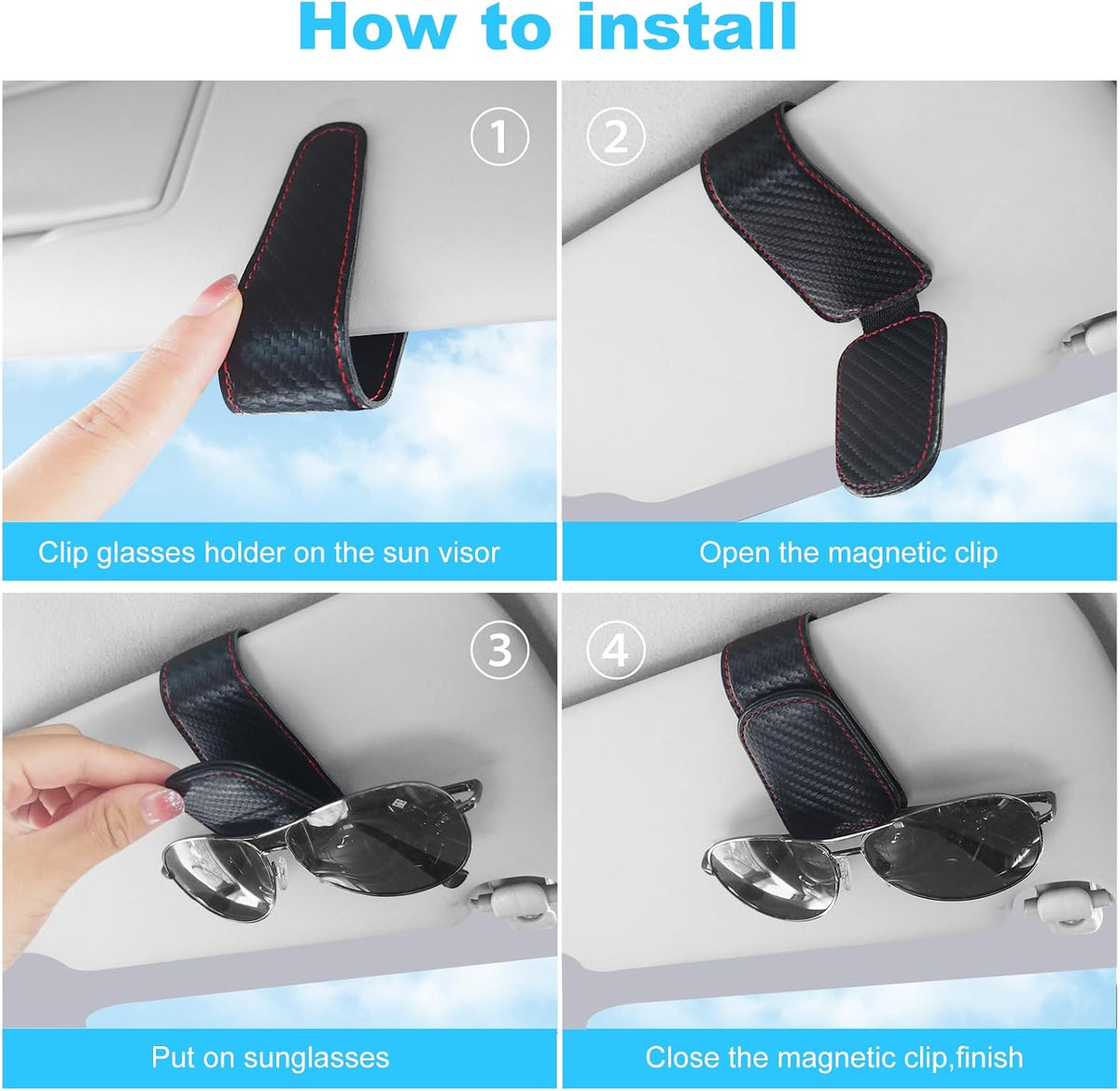 TCJJ Sunglasses Holders for Car Visor,Car Magnetic Glasses Holder Leather Sunglasses Clip and Ticket Card Clip Suitable for Car Interior Visor and Different Size Eyeglasses(Carbon Fiber/2)