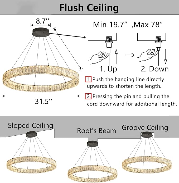 HAIXIANG Modern Crystal Chandelier Dimmable LED Ring Pendant Chandeliers Light