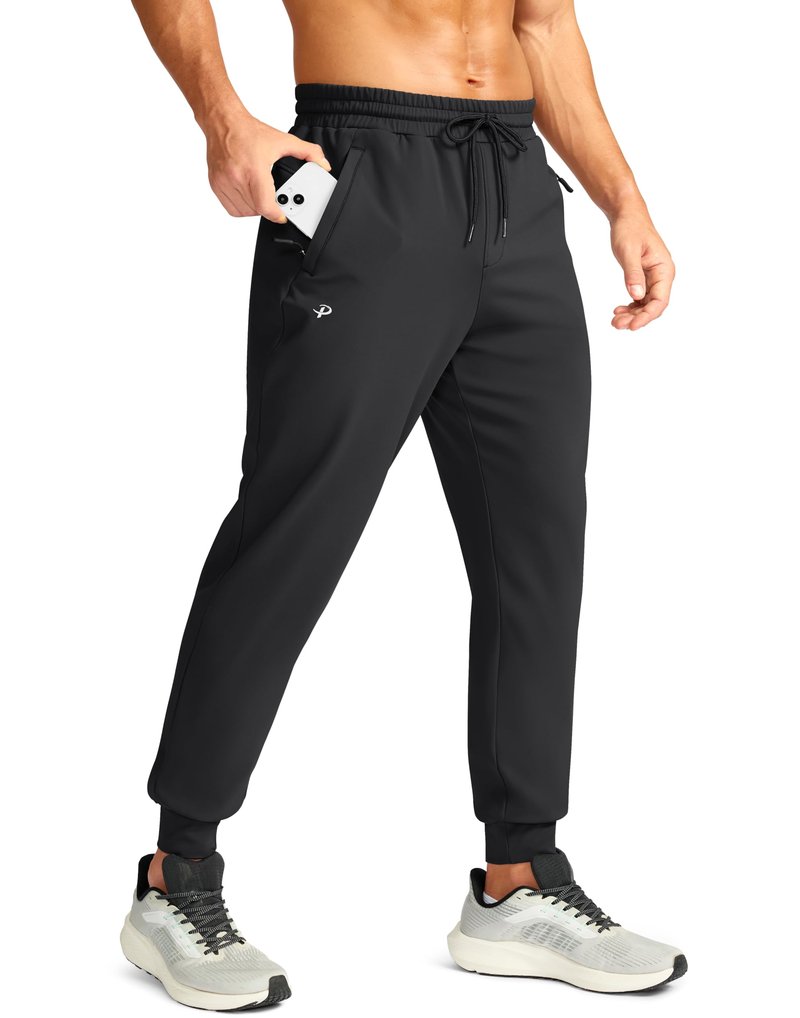 Pudolla Men's Fleece Joggers with 3 Zipper Pockets Warm Athletic Pants Winter Workout Gym Running Sweatpants for Men(Black L)