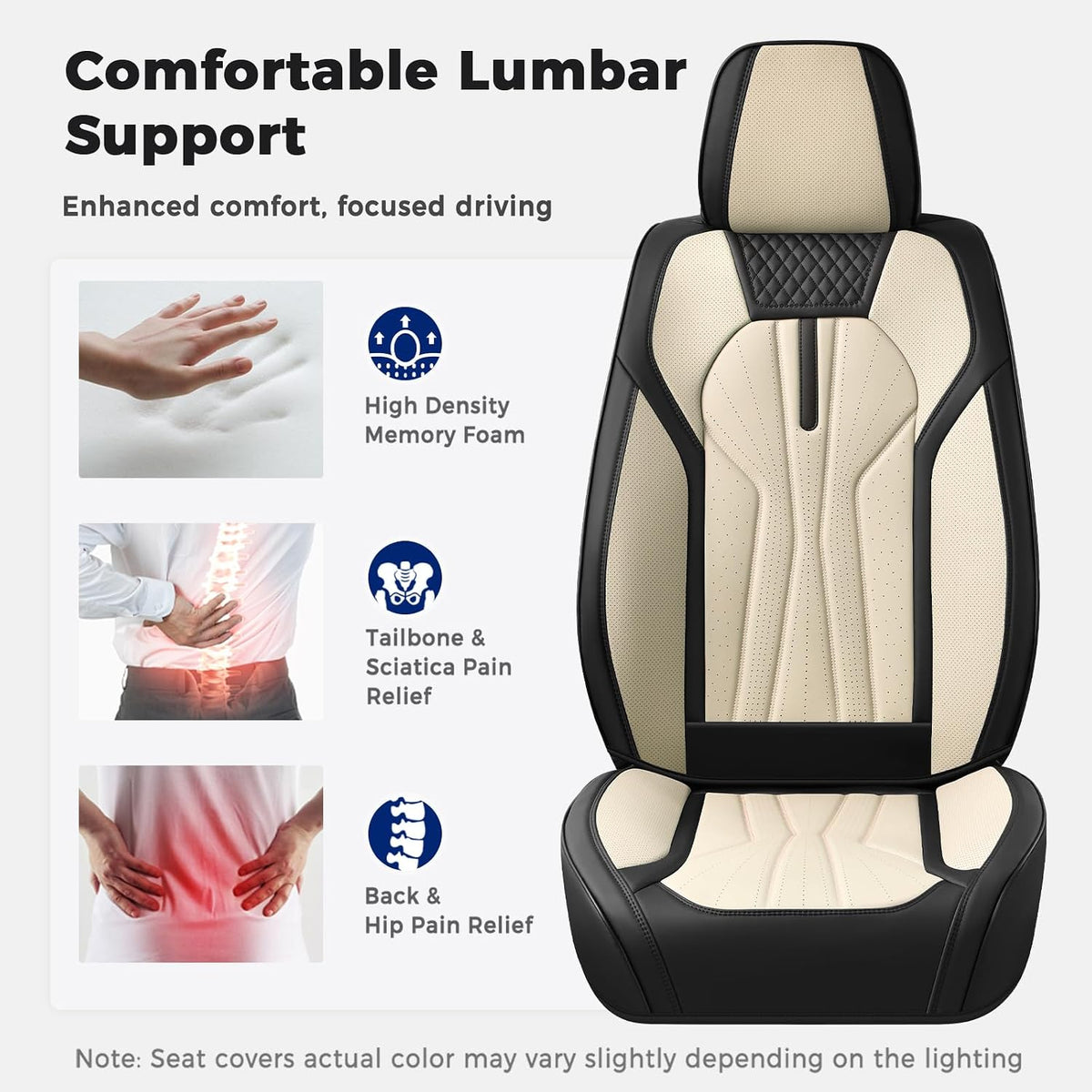 Huidasource Leather Car Seat Covers Full Set 5 Seats, Waterproof Faux Leather Front & Rear Seat Cover with Headrest, Non-Slip Automotive Seat Covers Fit for Most Cars Trucks SUV, Black&Beige
