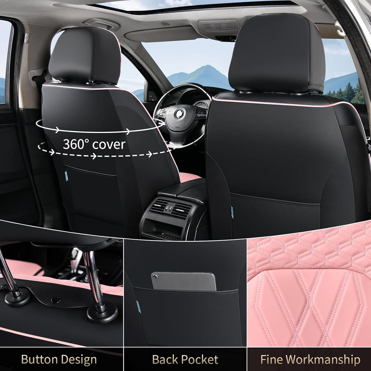 FLORICH Automotive Seat Covers Leather Pink Seat Covers for Cars Front Seats Waterproof Breathable Car Seat Cushion Comfort Interior Covers Universal Fit for Most Car Truck SUV Driving, Black&Pink