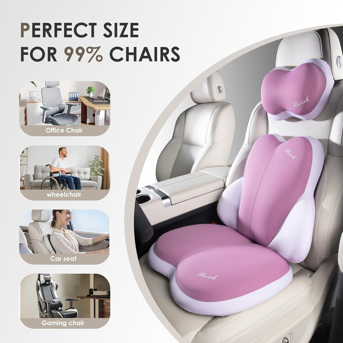FLORICH 3 PCS Seat Cushion for Carseat Lumbar Support Pillow Car Neck Headrest Pillows Ultrathick Memory Foam Seat Pads Pressure Relief Back Cushion for Office Chair(Dark Purple)