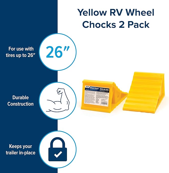 Camco Camper/RV Wheel Chock - Keeps Trailer in-Place to Safely Unhitch or Park - Compatible with Wheels Up to 26” in Diameter & Molded of Heavy-Duty Hard Plastic - 2-Pack (44414)