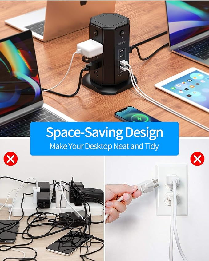 10ft Extension Cord Power Strip Tower, NTONPOWER Flat Plug Surge Protector with 8 Outlets 5 USB Desktop Charging Station, Individual Switches, 1080 Joules, 13A Circuit Breaker for Home Office, Black