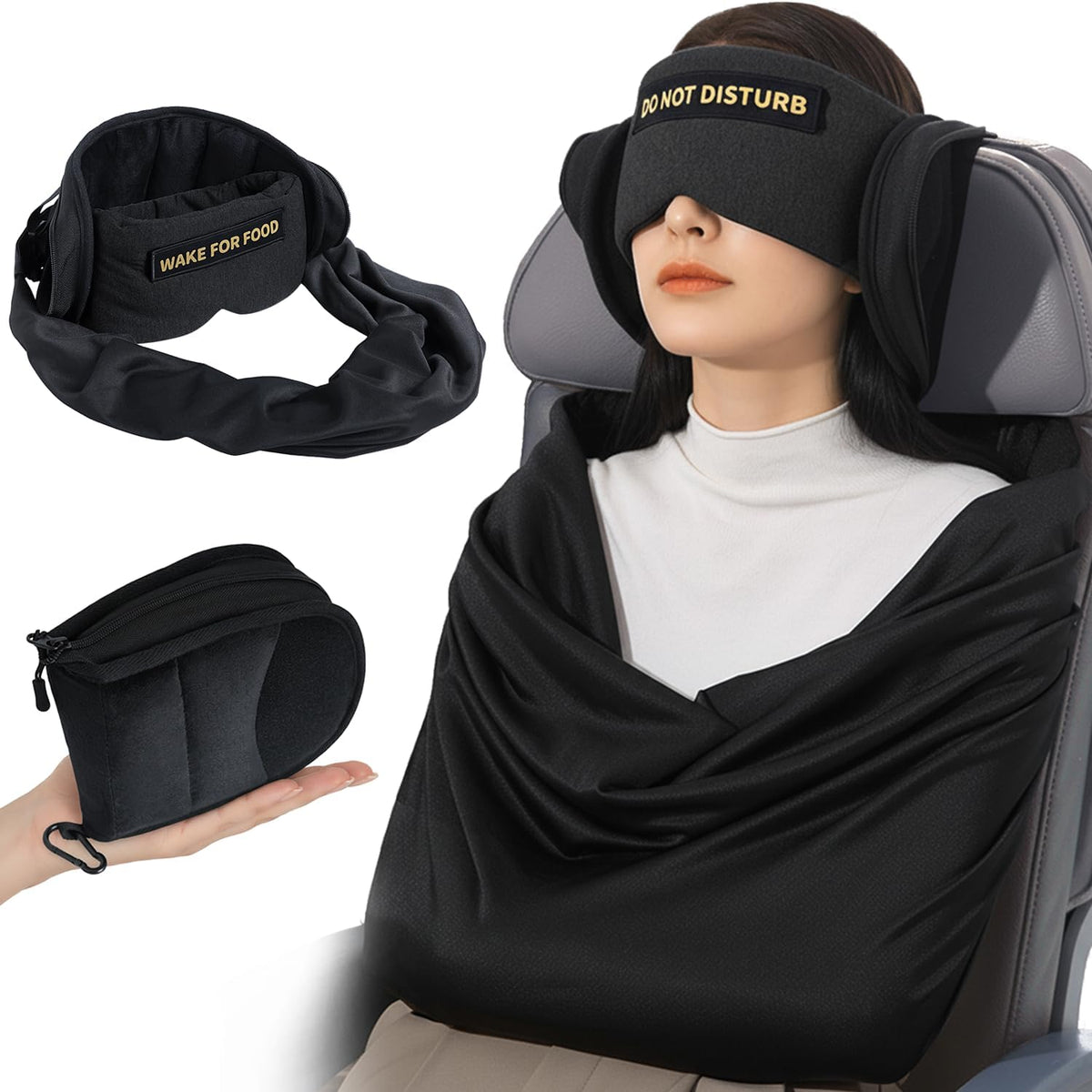 Travel Pillows for Airplanes, Airplane Head Strap with Eye Mask for Long Flight Sleeping Travel, 360° Support Neck Pillow for Plane Car Road Trips Seat Sleep, No Head Waving (White)