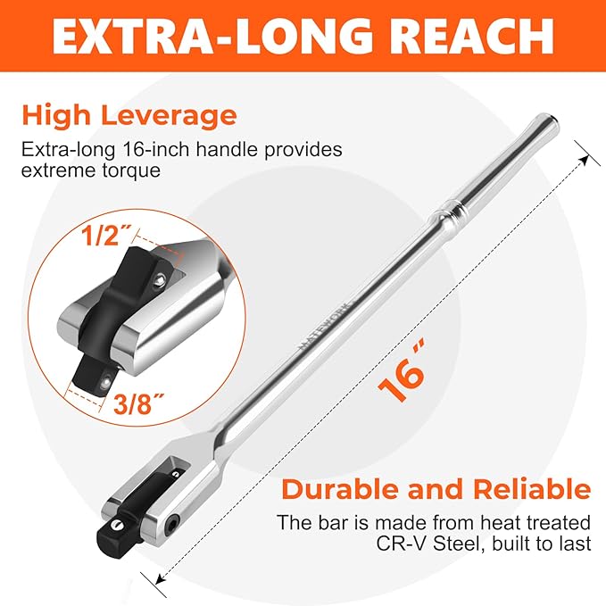 Breaker Bar 3/8" & 1/2" Dual Drive, 16-Inch Length, Heavy Duty Breaker Bar with 360° Flex Head, CR-MO Steel