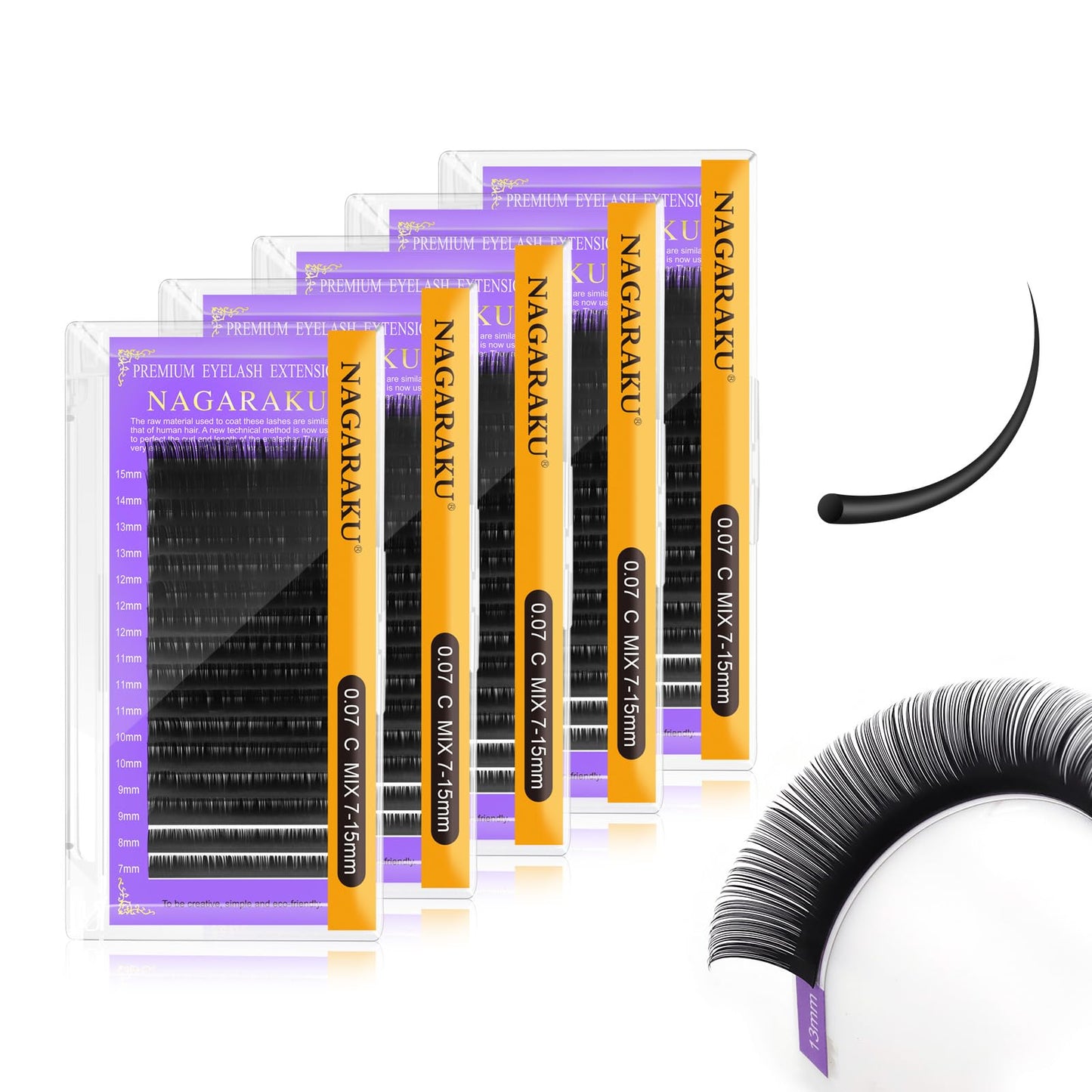 Nagaraku 5 Trays Eyelash Extensions 0.07Mm C Curl 7-15Mm Mix Tray Individual Lashes Classic Matte Black Faux Mink 16 Rows Profes