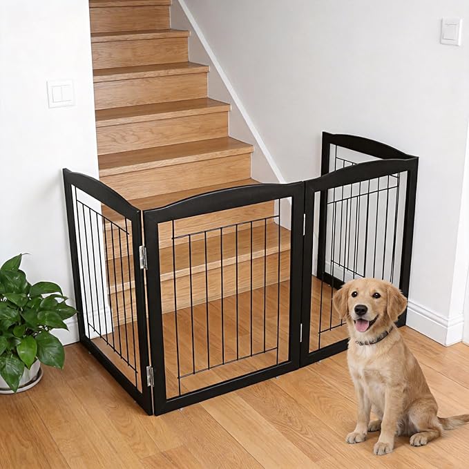 ZJSF Freestanding Foldable Dog Gate for House Extra Wide Wooden Black Indoor Puppy Gate Stairs Dog Gates Doorways Tall Pet Gate 4 Panels Fence