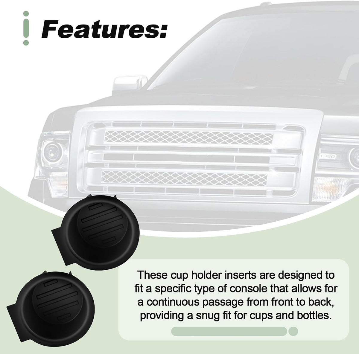 2 PCS Front Console Cup Holder with Flow Through Console Inserts Replacement Black TPE Compatible with 2009-2014 F150 Repalce 9L3Z-1513562-CB