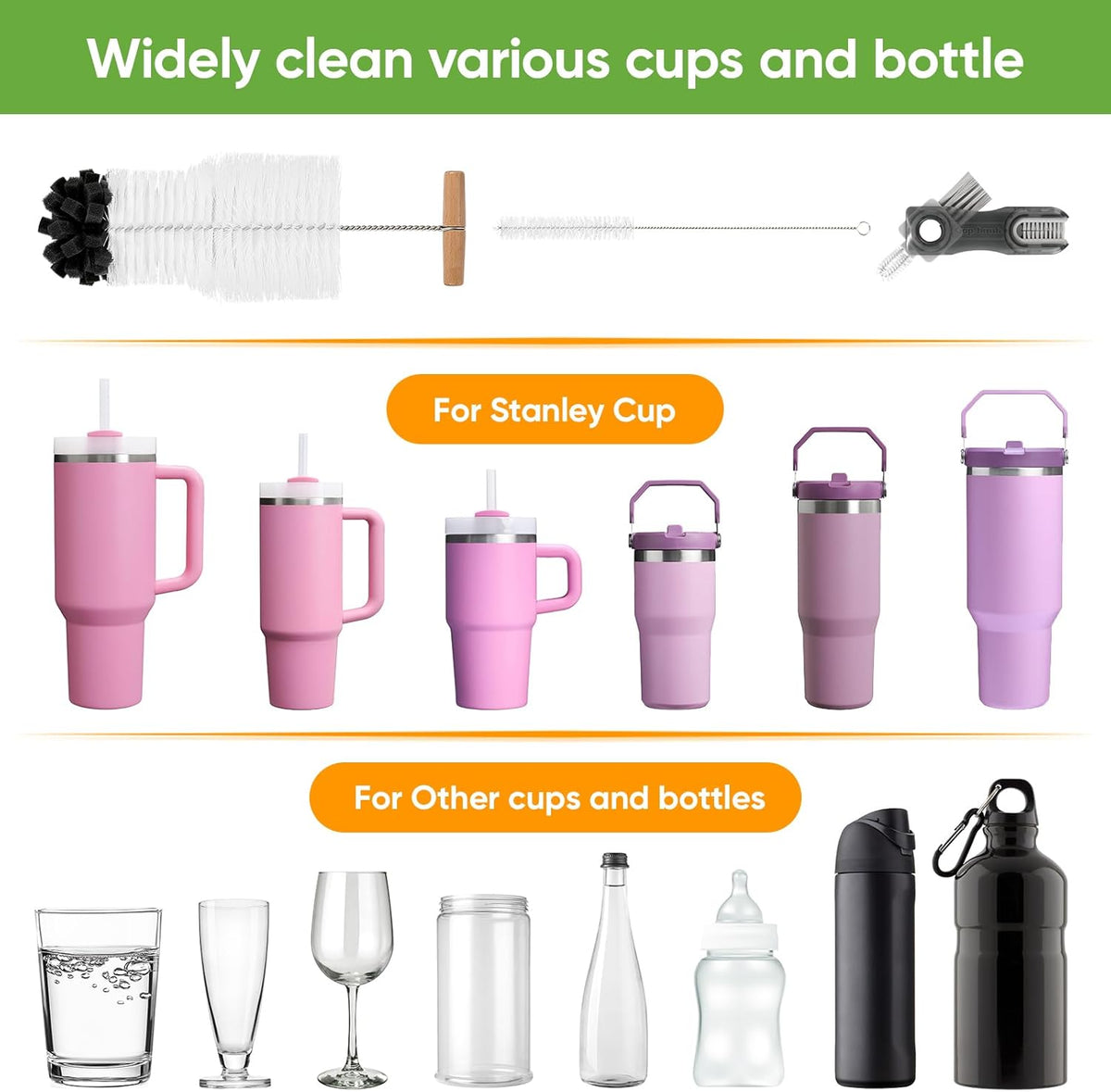 Skiennix 3-Piece Bottle Cleaning Brush Set - Long Wooden Handle for Tumblers & Mugs | Includes Straw & Lid Brushes
