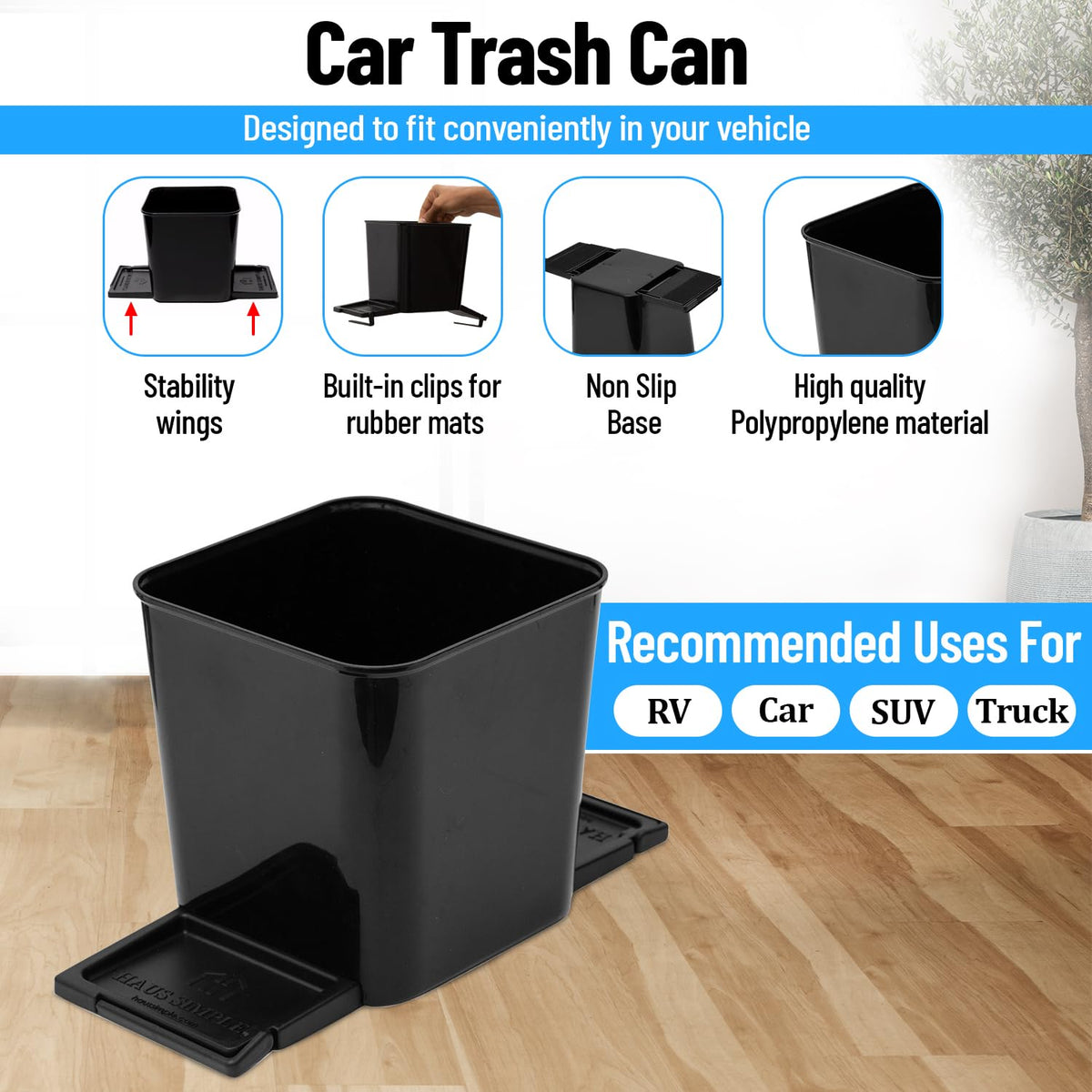 Car Trash Can with Stability Wings – Leakproof Portable Garbage Bin for Fabric & Rubber Mats – Compact Durable Plastic Auto Organizer for Cars, SUVs, Trucks (Black, Small)