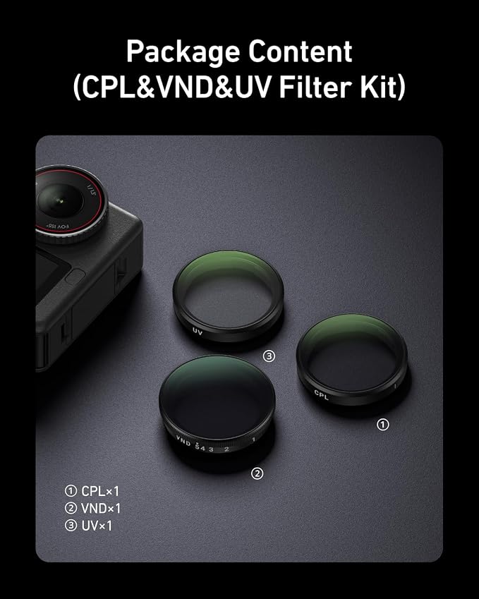 TELESIN Filter Kit for DJI Osmo Action 6 – VND 2–32 Variable ND, CPL UV Lens