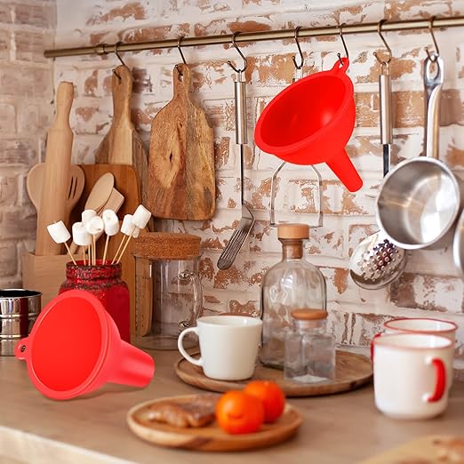 Silicone Funnels 4 Pieces Wide Mouth Funnel Small and Large Flexible Condiment Sauce Canning Set for Squeeze Bottles Jars Cans, Spice Filling Bottles Liquid Oil and Powder(Red)