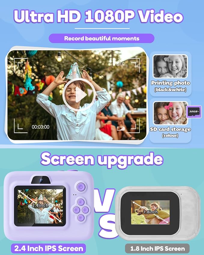Instant Print Camera for Kids, 2.4 Inch Screen Kids Instant Cameras, Christmas