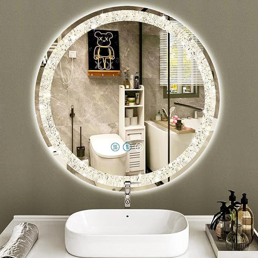 THEKLA Crystal Round Lighted Mirror for Bathroom Makeup Wall Mounted 20 inch Crystal Round Vanity Mirror with Lights Smart Memory 3 Color Dimmable AntiFog 20" Diamond Circle LED Light up Mirrors
