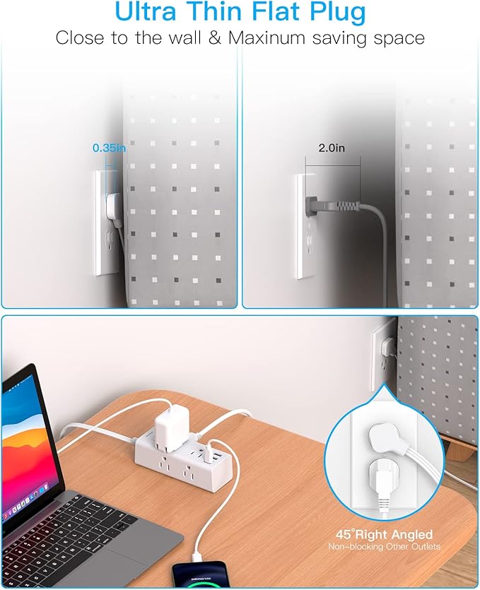 15Ft Extension Cord with Multiple Outlets, Flat Plug Power Strip Surge Protector with 15 Ft Long Cord, 6 Outlet 3 USB Ports (1 USB C), Multi Outlet Wall Plug for Travel, College, Dorm Room Essentials