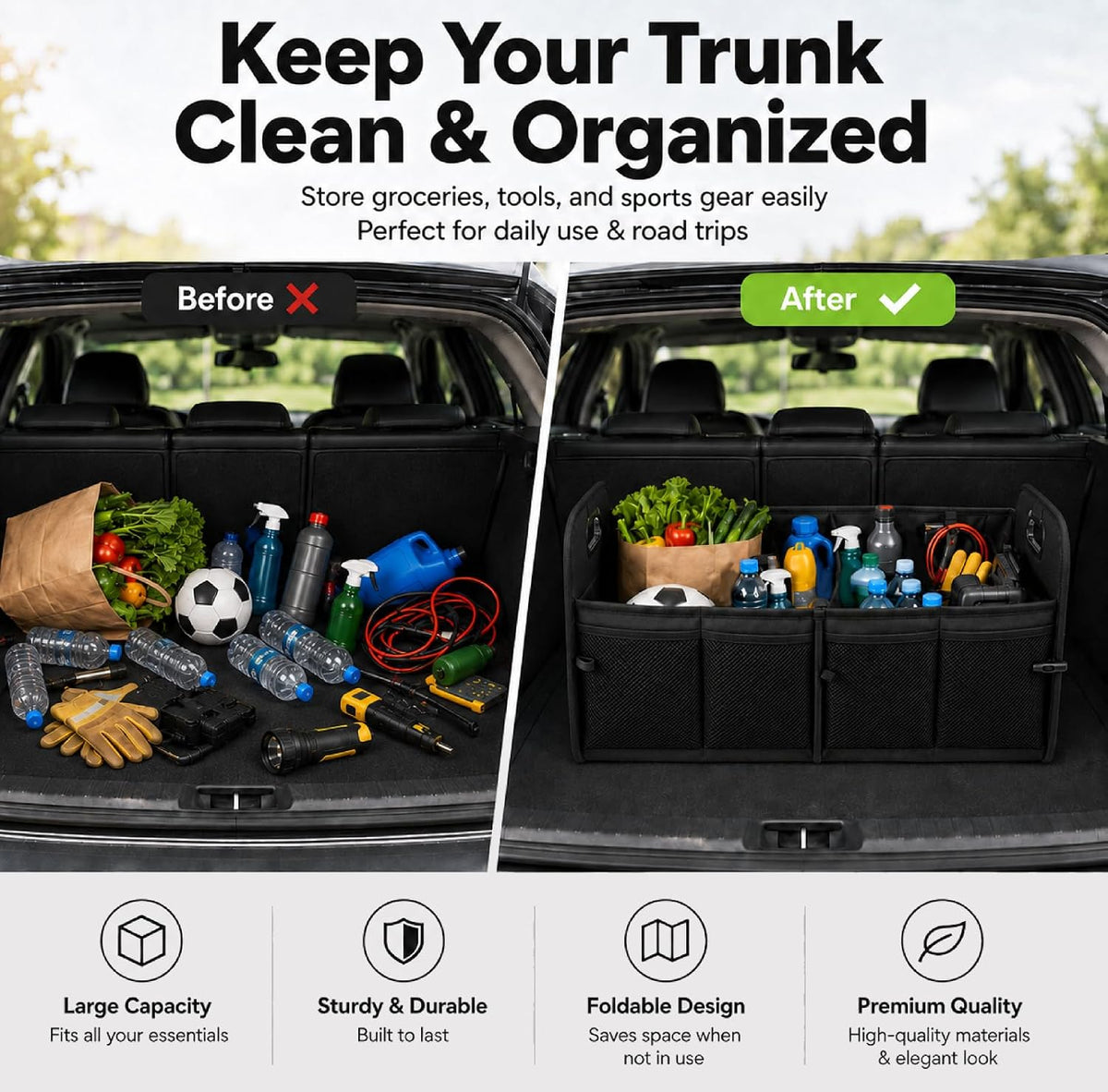 PAT SAM'S Trunk Organizer for SUV, Collapsible Car Trunk Organizer with Dividers, Waterproof 600D Oxford, Non-Slip Storage Organizer for Groceries, Tools, Travel, Truck & Car (Black)