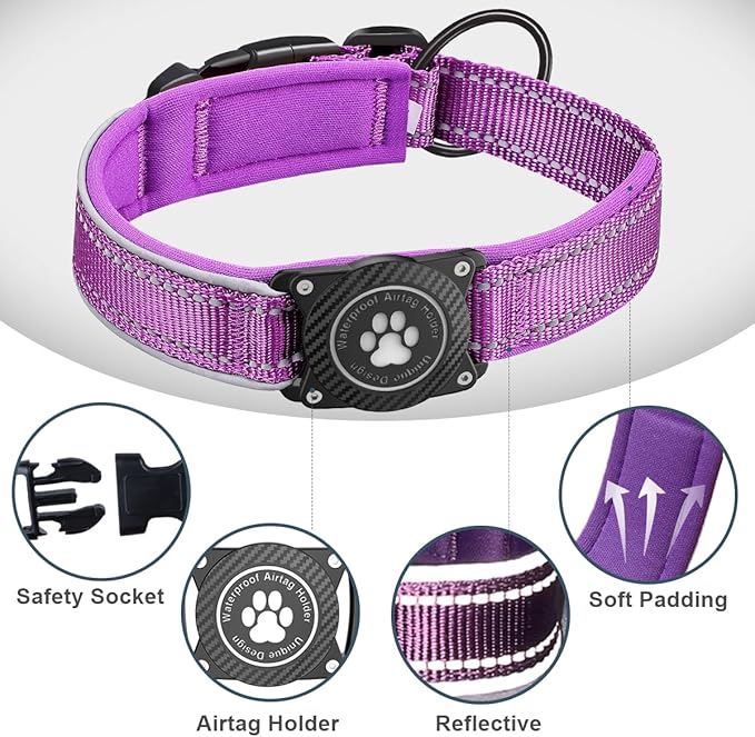 Airtag Dog Collar with Waterproof Air Tag Holder, Luminous Reflective, Soft Padded, Adjustable Nylon Pet Collar for Small Medium Large Heavy Duty Dogs,Purple, S