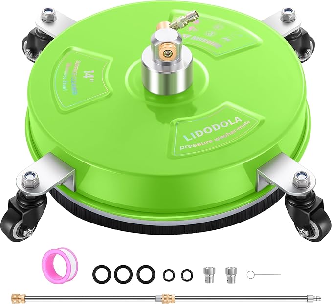 14" Pressure Washer Surface Cleaner with 4 Wheels - Coated Green Stainless Steel Surface Cleaner for Pressure Washer Attachment for Concrete, Patio, Sidewalk, Deck and Driveways - PWS14G
