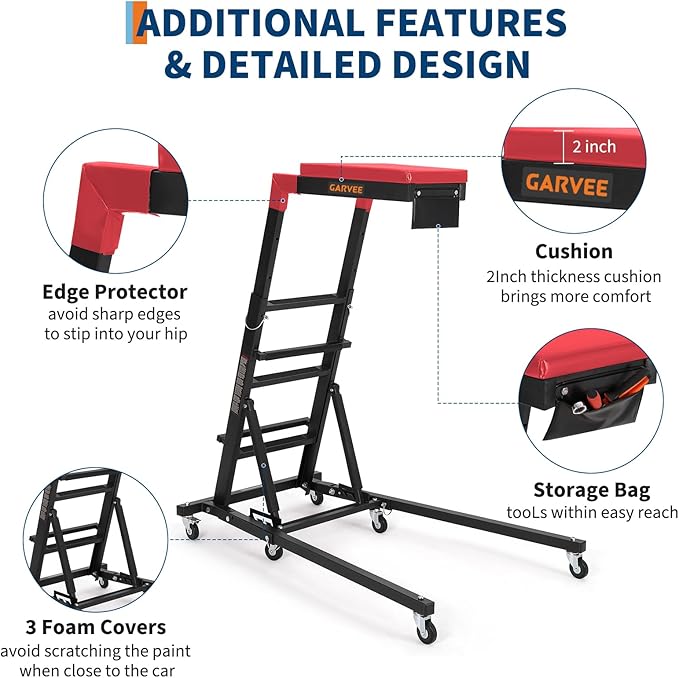 Top Side Creeper, 48 in-68 in Adjustable Height, 400 LBS Capacity, High Top Automotive Creeper with 6 Swivel Caster Wheels, Heavy Duty Foldable Creeper for Garage Shop, Black