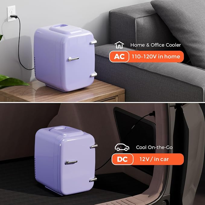 OSTBA Mini Fridge, 4 Liter/6 Can Mini Makeup Fridge, 110V AC/ 12V DC Portable Thermoelectric Cooler&Warmer for Skincare, Drink, Cosmetic, Medicine, Small fridge for Bedroom, Office, Dorm, Car, Purple