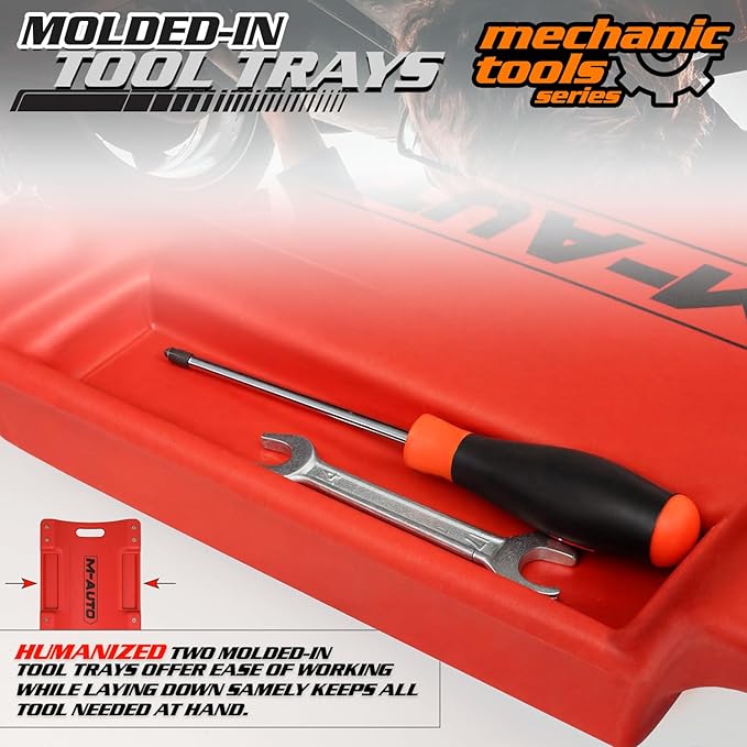 M-AUTO Mechanic Roller Creeper with Padded Headrest, 40" Dual Tool Trays Rolling Creeper for Garage Shop Auto Work Repair, Noiseless Swivel Casters, Red