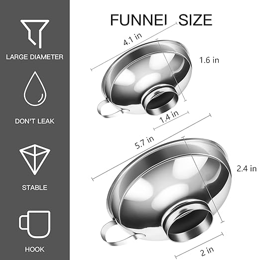 2 PCS Canning Funnel for Wide and Regular Jars, Wide Mouth Funnel Stainless Steel Funnels for Kitchen Use, Metal Funnels Set for Transferring Liquid Power Jam Grains Dry and Wet Ingredients