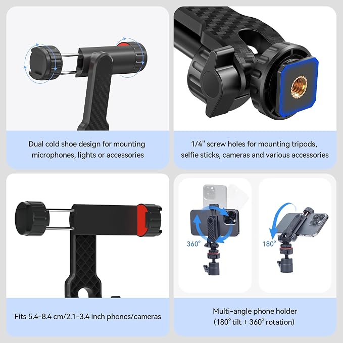 Lightweight Mini Tripod for Camera/Phone/Webcam & Selfie Stick, 360° Phone Clip