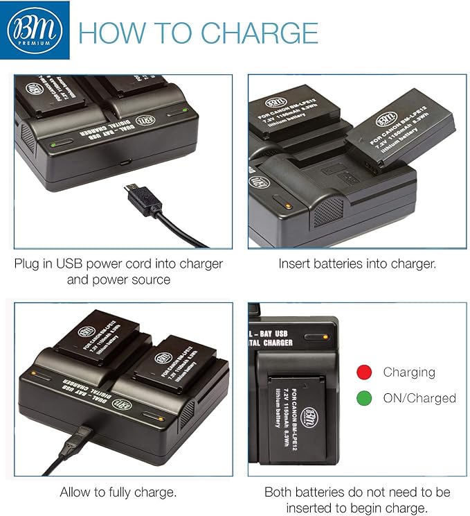 BM Premium 2-Pack of LP-E12 Batteries and USB Dual Battery Charger