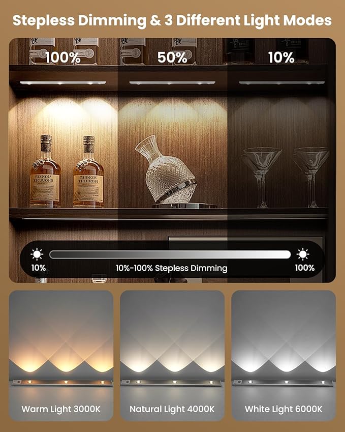3 LED Under Cabinet Light, Under Counter Dimmable Lighting with Motion Sensor, USB Rechargeable Motion Sensor Light, Cat’s Eye Hill Corrugated Effect, for Display Cabinet, Showcase, Wine Cabinet