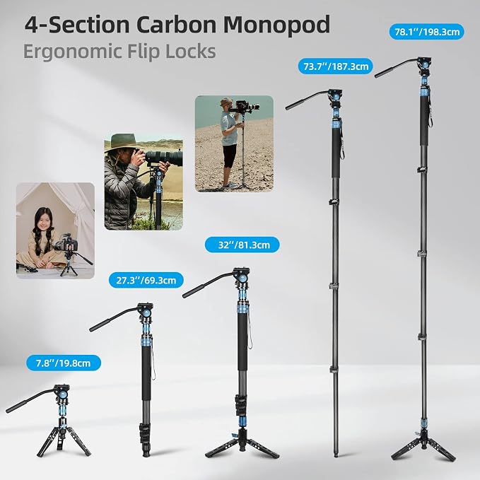 SIRUI P-424FL Carbon Fiber Camera Monopod Kit, Tripod Base, Flip Locks