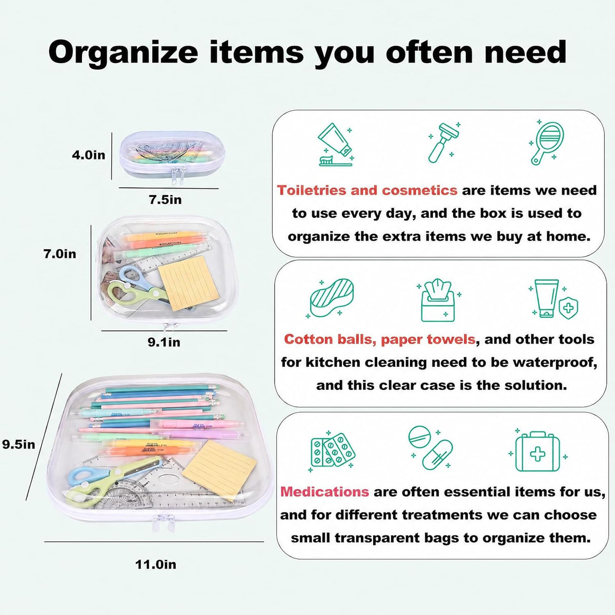 Clear Hard Shell Zipper Case,3PCS Transparent Clear Zipper Pouches,Hard Side Plastic Case Set,Portable Travel Storage Organizer Bins