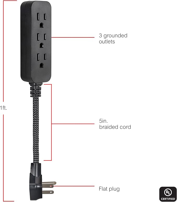 GE 3-Outlet Power Strip Mini Extension Cord with Multiple Outlets 5 Inch Braided Short Cord Extension Cord Grounded Flat Plug UL Listed Black 45191