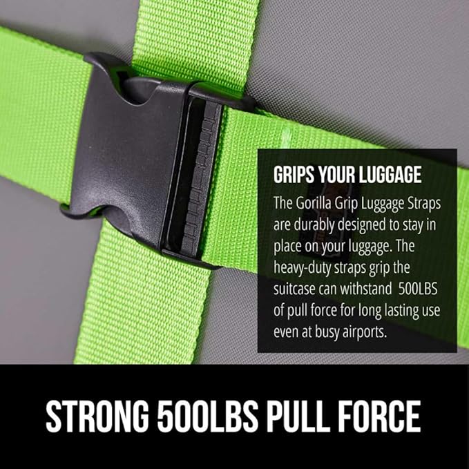 GORILLA GRIP Heavy Duty 4 Pack Adjustable Luggage Straps for Suitcases, Easy to Identify Travel Belt Connector Holds Suitcase Together, Extends Life of Bag, Strap Connects Two Bags, Accessories Green