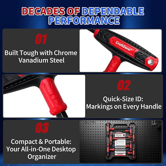 T Handle Allen Wrench Set Metric & SAE T-Handle Hex Key Set T Handle with Storage Box for Basic Home Repair and Mechanical Maintenance