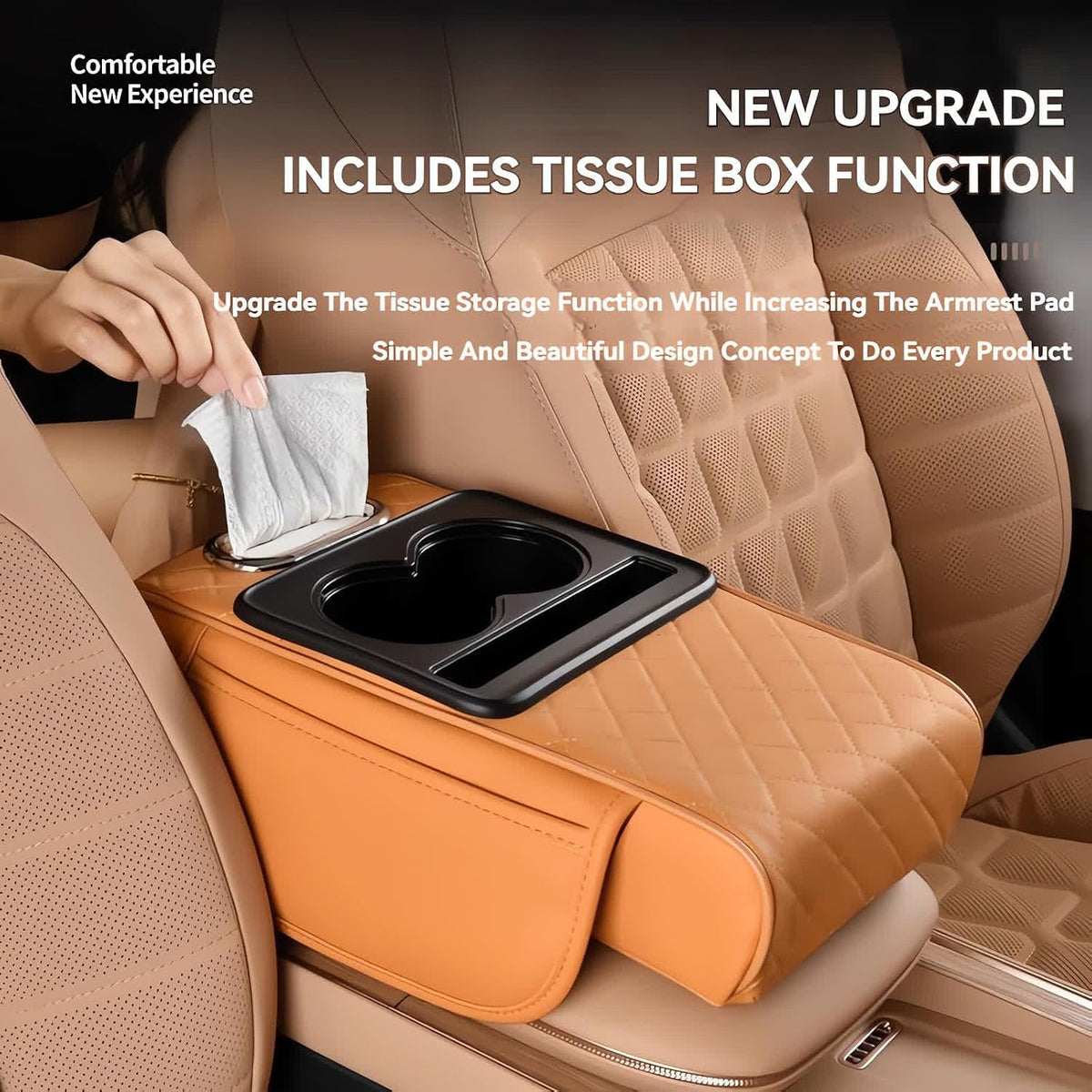 Multifunctional PU Leather Car Armrest Box Mat, 5-in-1 Multifunctional Car Armrest Cushion, Center Console Cover with 2 Cup Holder, For Storing Tissues,Phones,Wallets,Drinks,for Most Cars (Red)