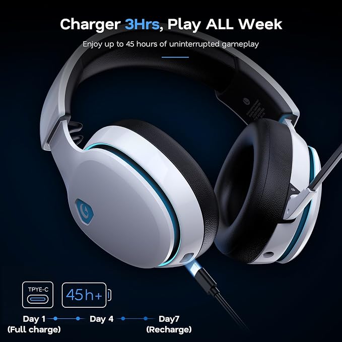 AOC 2.4GHz Wireless Gaming Headset for PS5, PS4, PC, Switch, 45Hr, White | Bluetooth 6.0 Gaming Headphones with Noise Canceling Mic, 7.1 Virtual Surround, Great for Fortnite & Call of Duty/FPS Gamers