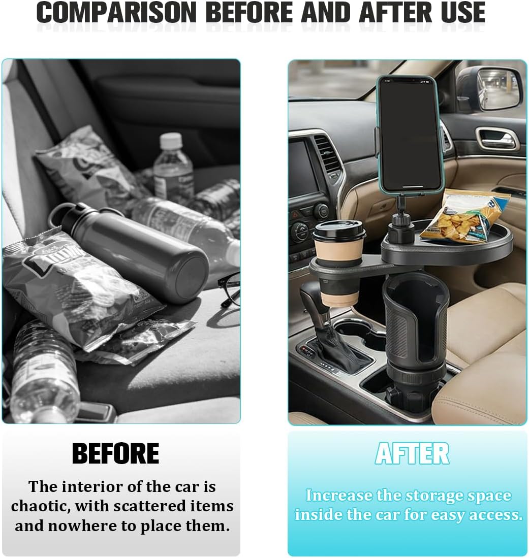 Car Cup Holder Tray, 3 in 1 Multifunctional Vehicle Food Water Bottle Phone Holder Expander Adapter with Adjustable Base, Detachable Auto Interior Food Tray Table, Universal Fit (Carbon Fiber)