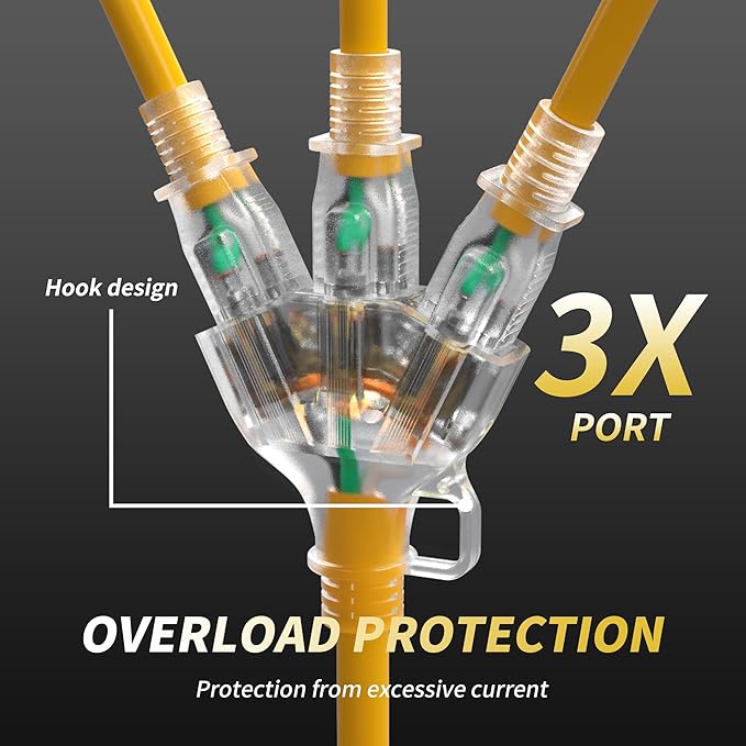 PlugSaf 1 FT 12/3 Gauge Outdoor Extension Cord with Multiple Outlets Light Indicator, Flexible Weatherproof 3 Outlet Heavy Duty Extension Cord Waterproof Yellow, 15A 1875W 12AWG SJTW, ETL Listed