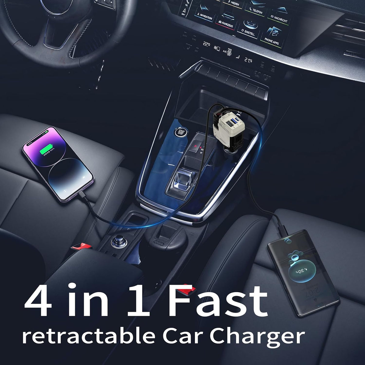 4 in 1 Retractable Car Charger with 4 Shock Absorbers,Cigarette Lighter Adapter with Retractable Cables (31.5 in),Road Trip Essentials for Iphone12/13/14/15/16/17(White)