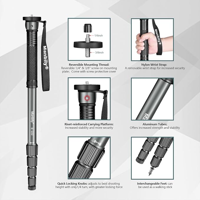Manbily 65-Inch Camera Monopod, 5 Sections Aluminum Travel Monopod