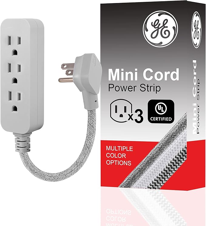 GE 3-Outlet Power Strip Mini Extension Cord with Multiple Outlets 5 Inch Braided Short Cord Extension Cord Grounded Flat Plug Extension Cord ETL Listed Gray 53199