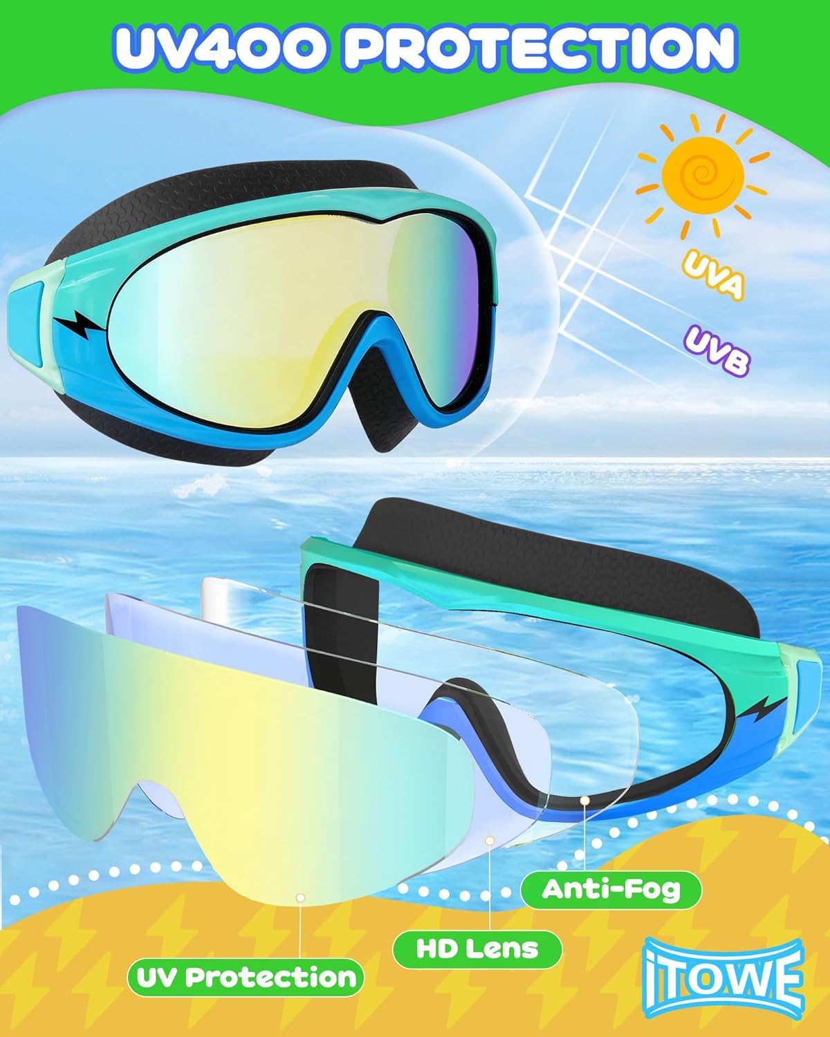 Skiennix Wide View Swimming Goggles - No Leak Design with Anti-Fog & UV Protection | Kids 3-15 Years