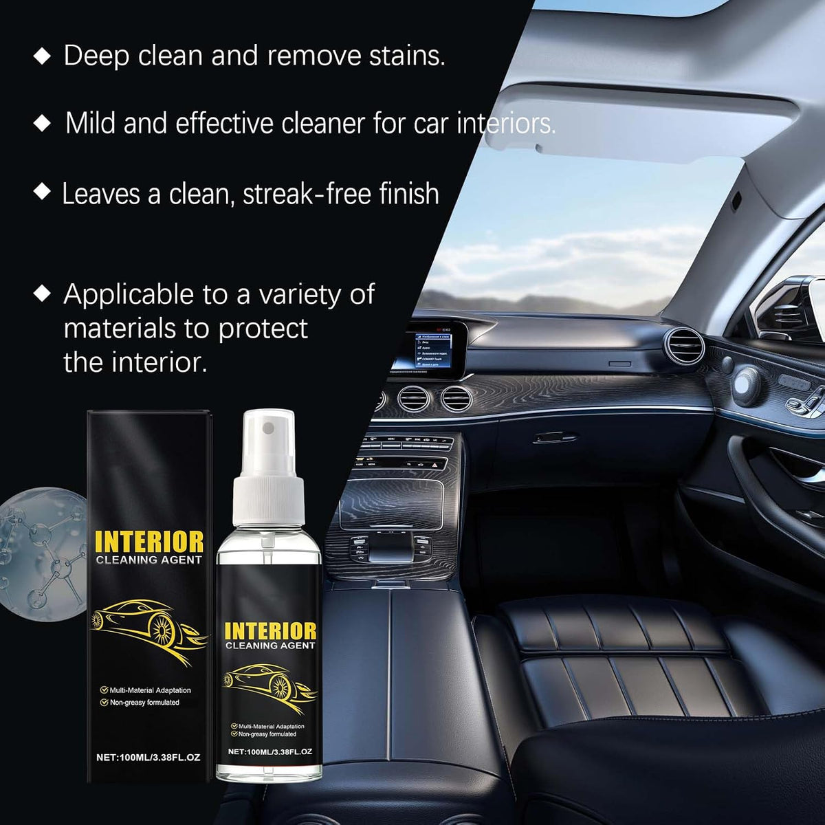 Multi-Purpose Car Interior Cleaner for Leather, Seats, Fabric, Vinyl, Car Cleaning Supplies, Interior Detailer Spray, Remove Stain, Dust and Grime, Gloss Restore (4Pcs)