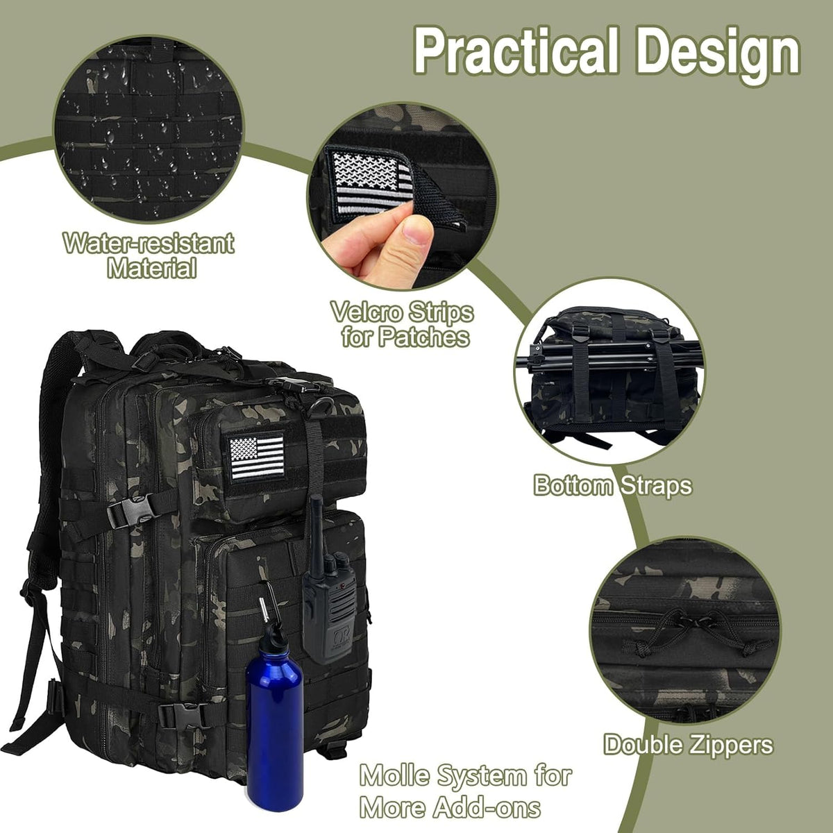 WOLT Military Tactical Backpack - 45L Molle Assault Pack | Heavy-Duty Rucksack for Hiking & Gym, Camouflage Black