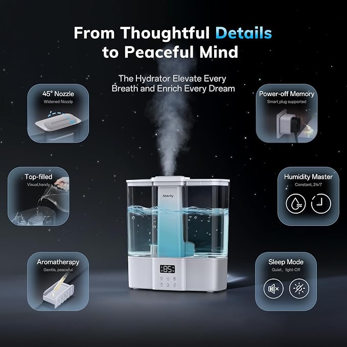 Geek-Level Aeocky Humidifier for Baby, Quiet Ultrasonic Humidifiers for Bedroom, Nursery with Ambient Light, 4L Top-Fill Cool Mist Diffuser with Timer, Sleep, Auto, Constant Humidity Mode