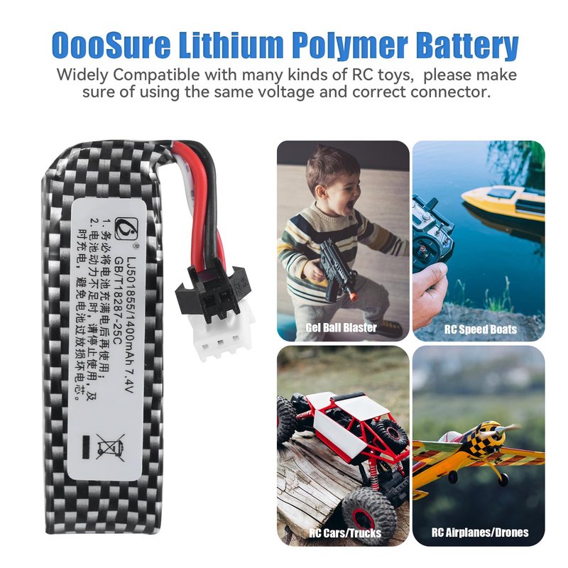 OooSure 2 pcs 7.4V 1400mAh 25C 501855 Lipo Airsoft Gun Batteries with 2S Charging Cable and SM2P to Mini Tamiya Switch Cable for Airsoft Gel Guns repalce Battery for STD-X2(2 PCS)