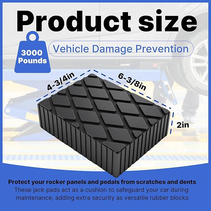 4 Pack 6-3/8" x 4-3/4" x 2" Solid Rubber Auto Lift Block Pads, Heavy-Duty Rubber Blocks for Car Lift Pads, Lift Blocks, Camper Stabilizer Jack Pads-Anti-Slip Texture,3000lb Capacity