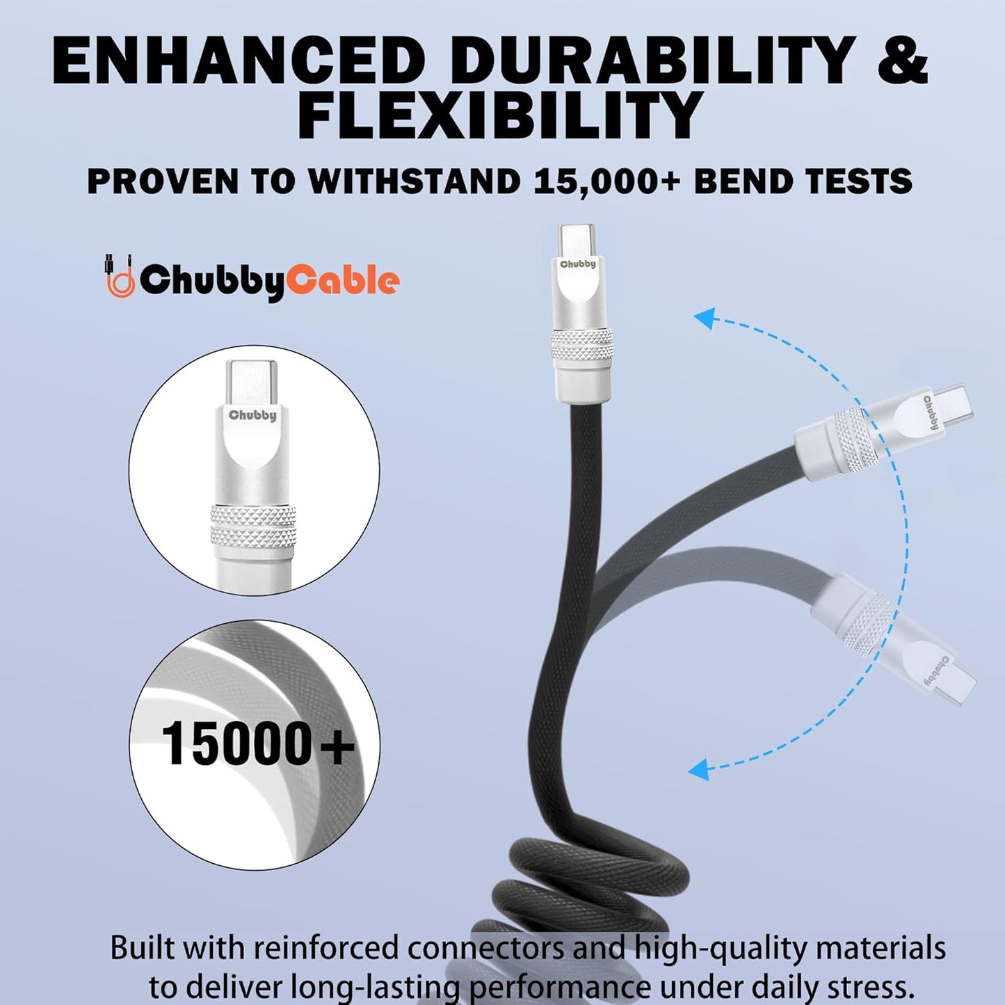 chubbycable Curly Chubby - Retractable Fast Charging Cable 240W Coiled Charger Cord for Car Durable USB-C Cable for Phones, Tablets and More, Purple, Type-C to Type-C, 1.3FT-2.3FT