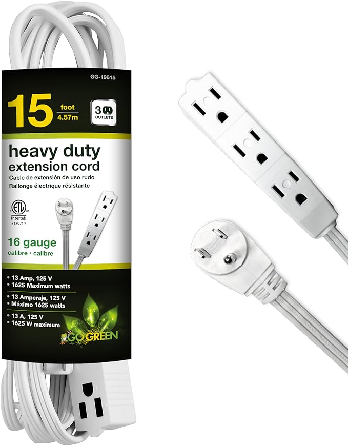 Power By GoGreen Go Green Power Inc. 15ft Extension Cord with 3 Outlets, White - Compact, Flush-Fit Design, Heavy Duty, Grounded Plug - Ideal for Home & Small Appliances - GG-19615